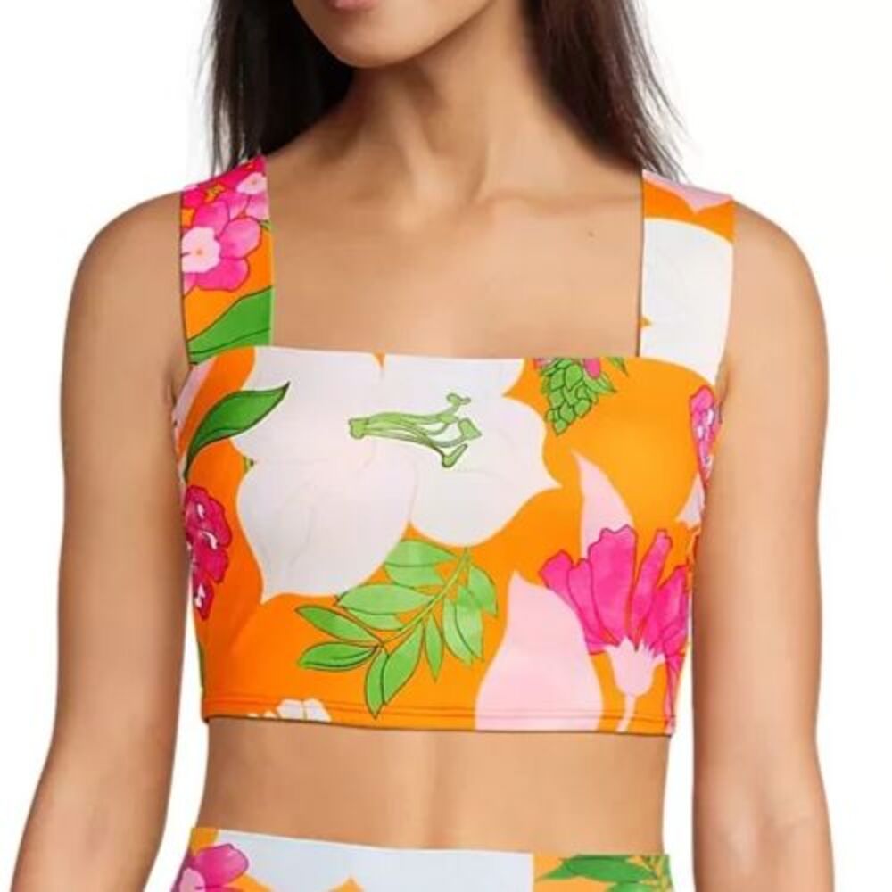 Lands End Square Neck Bikini Top Orange Pink Floral Size 16 NEW beach tropical